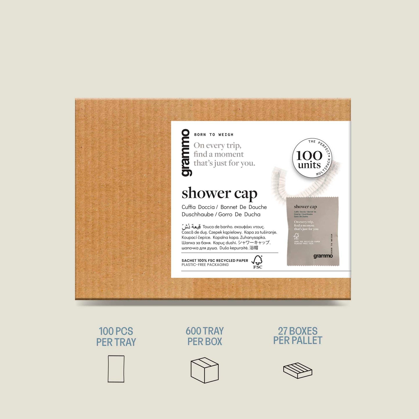 Touca de Duche Descartável Grammo | 100 unidades em embalagem prática | Ideal para hotelaria e alojamentos turísticos.