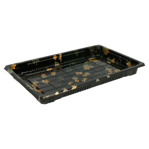 Embalagem Sushi Preta PS Take Away com Tampa 22x10cm Retangular Pintada Decorada Restaurante Asiático Bar Japonês Menu Comida