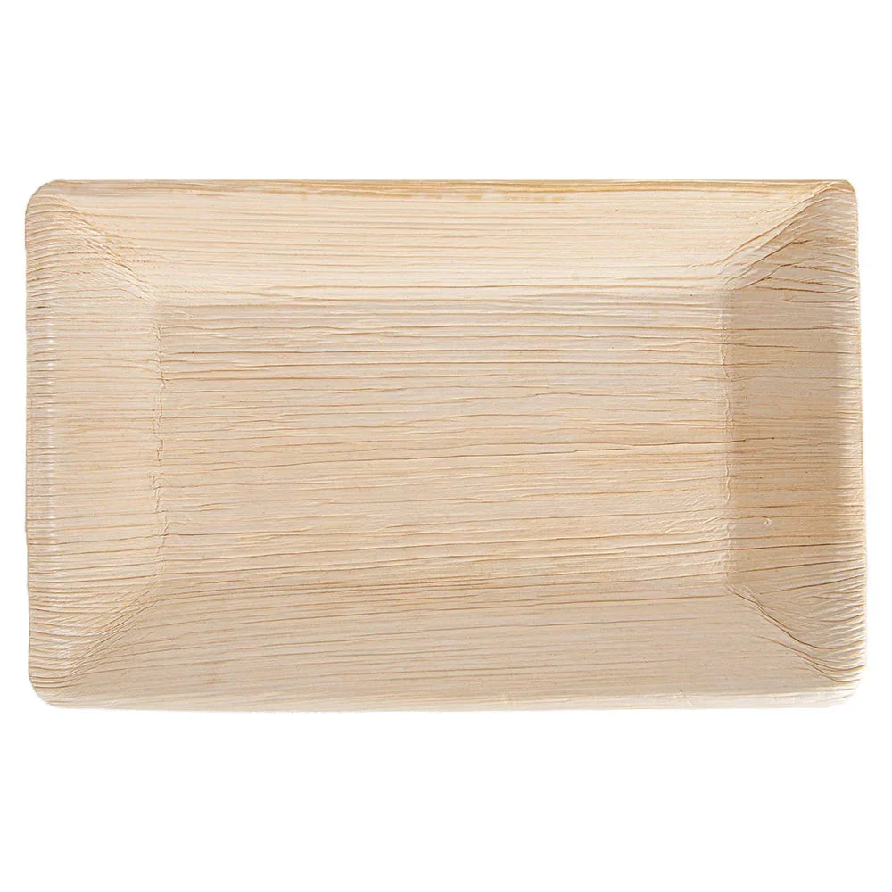 Prato Retangular Largo de Folha de Palmeira - Pack de 25 unidades, ideal para catering e eventos.