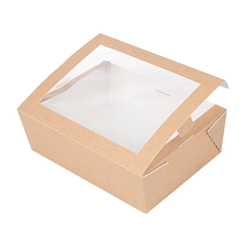 Caixa de Cartão Take Away Kraft com Janela 780ml (50un) para transporte de alimentos, embalagem descartável.