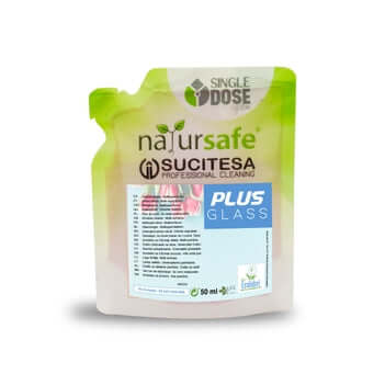 Detergente Limpa Vidros Ecológico Concentrado em Monodoses | NATURSAFE PLUS GLASS em embalagem monodose de 50ml.