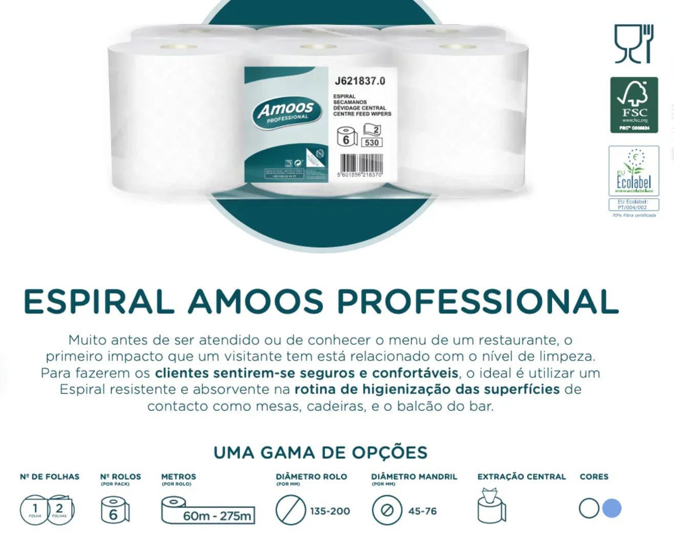 Papel Rolo Multiusos Espiral Amoos 90M | Pack com 6 rolos | Alta absorção e resistência para uso profissional.