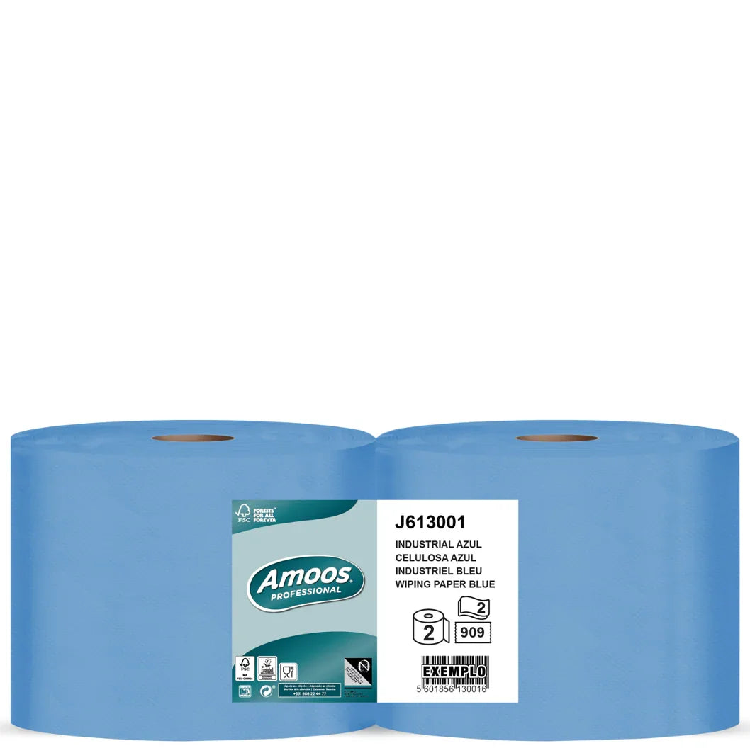 Papel Rolo Multiusos Industrial Azul Amoos 300M em pack com 2 rolos de folha dupla, ideal para uso em cozinhas profissionais com sistema HACCP