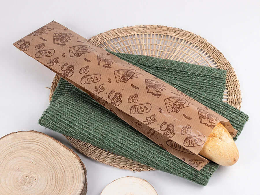 Saqueta Papel Kraft Decorada 12+6x58cm BAKERY S012 Padaria Pastelaria Pão Baguete
