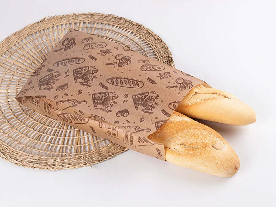 Saqueta Papel Kraft Decorada 18+7x32cm Padaria Pastelaria Café Bar Take Away Pão Bolos Croissant