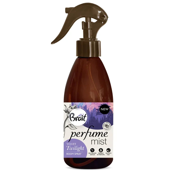 Ambientador Spray Líquido Brait Parfume Mist 325ml com design elegante e pulverizador. Aroma Velvet Twilight.