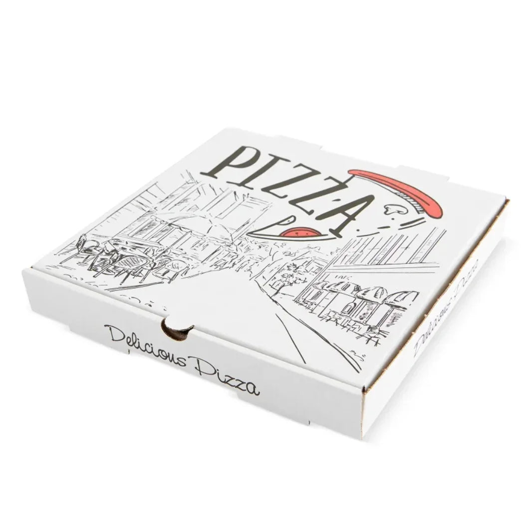 Caixa Pizza 40x40cm em cartão sólido, design vintage e a inscrição Delicious Pizza.