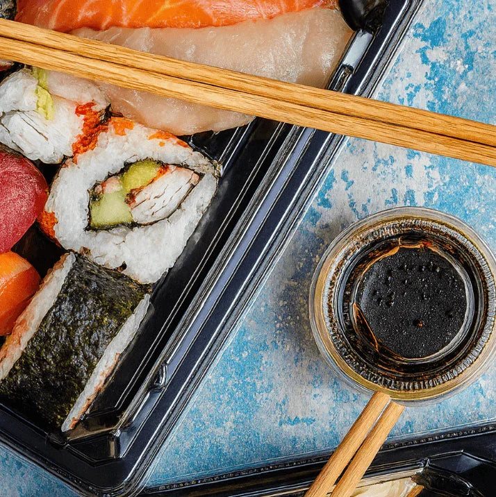 Embalagem Sushi Preta PS Take Away com Tampa 16x9cm Restaurante Asiático Bar Japonês Sashimi Peças Menu Comida