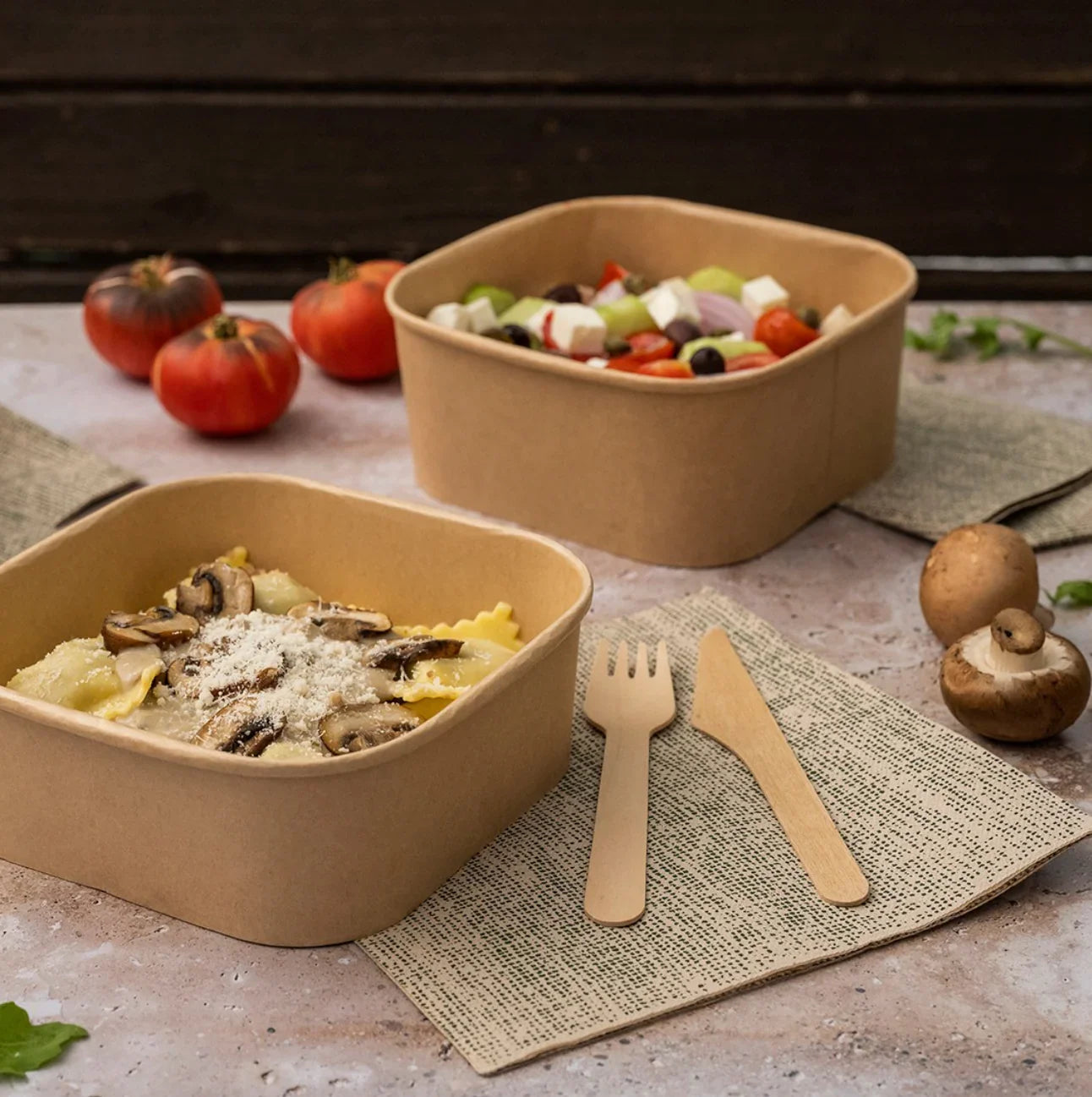 Embalagem Take Away Quadrada Kraft 750ml com Tampa Cartão Descartável Restaurante Comida Ecológica