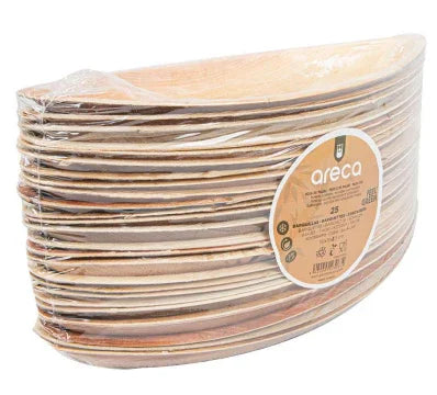 Bandeja Canoa Grande Oval de Folha de Palmeira ARECA em pack de 25 unidades, ideal para serviços de catering.