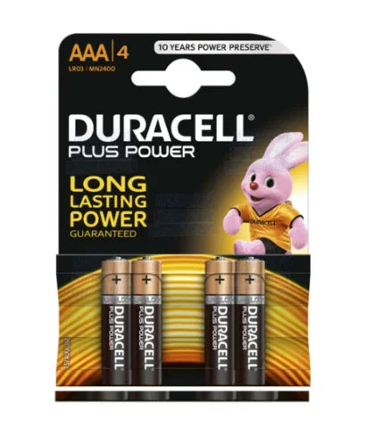Pilhas Alcalinas AAA LR03 DURACELL em embalagem com 4 unidades, Duracell Plus Power, longa duração garantida.
