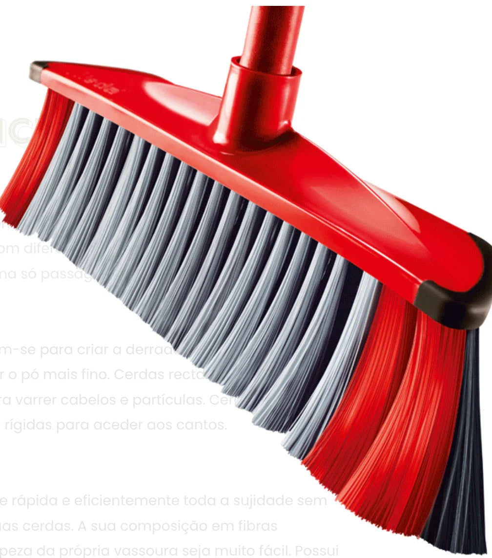 Vassoura Vileda AntiChoque 3em1 com cerdas de diferentes formas para máxima limpeza e eficiência.