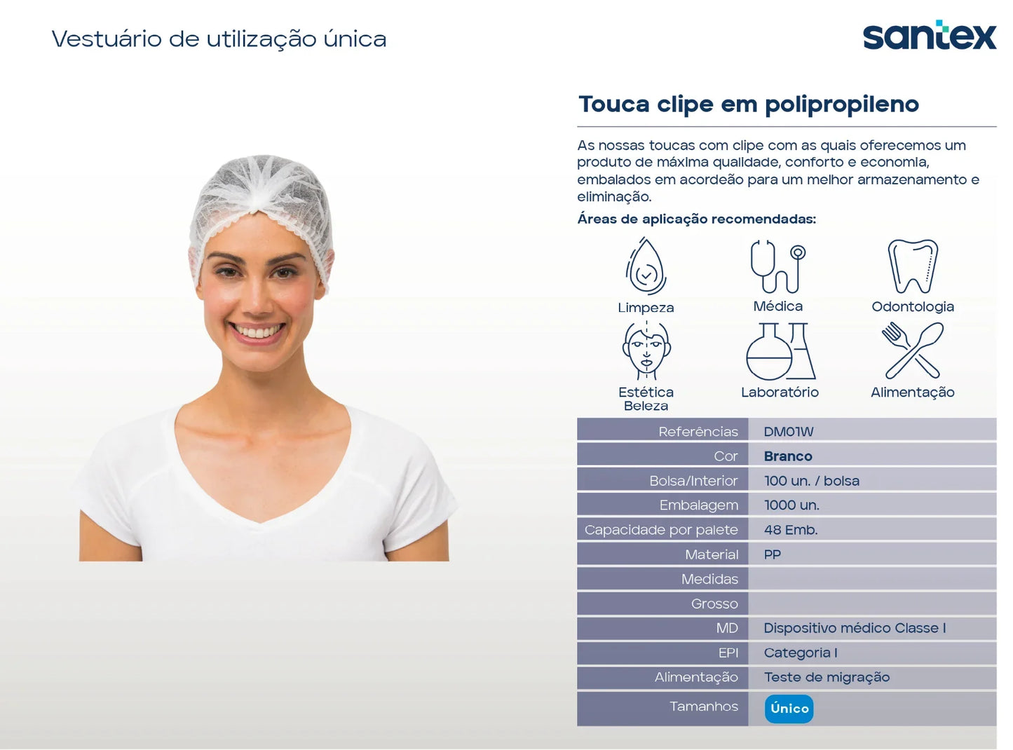 Toucas Clip Brancas Descartáveis em polipropileno para uso em limpeza, medicina e estética, pack de 100un.