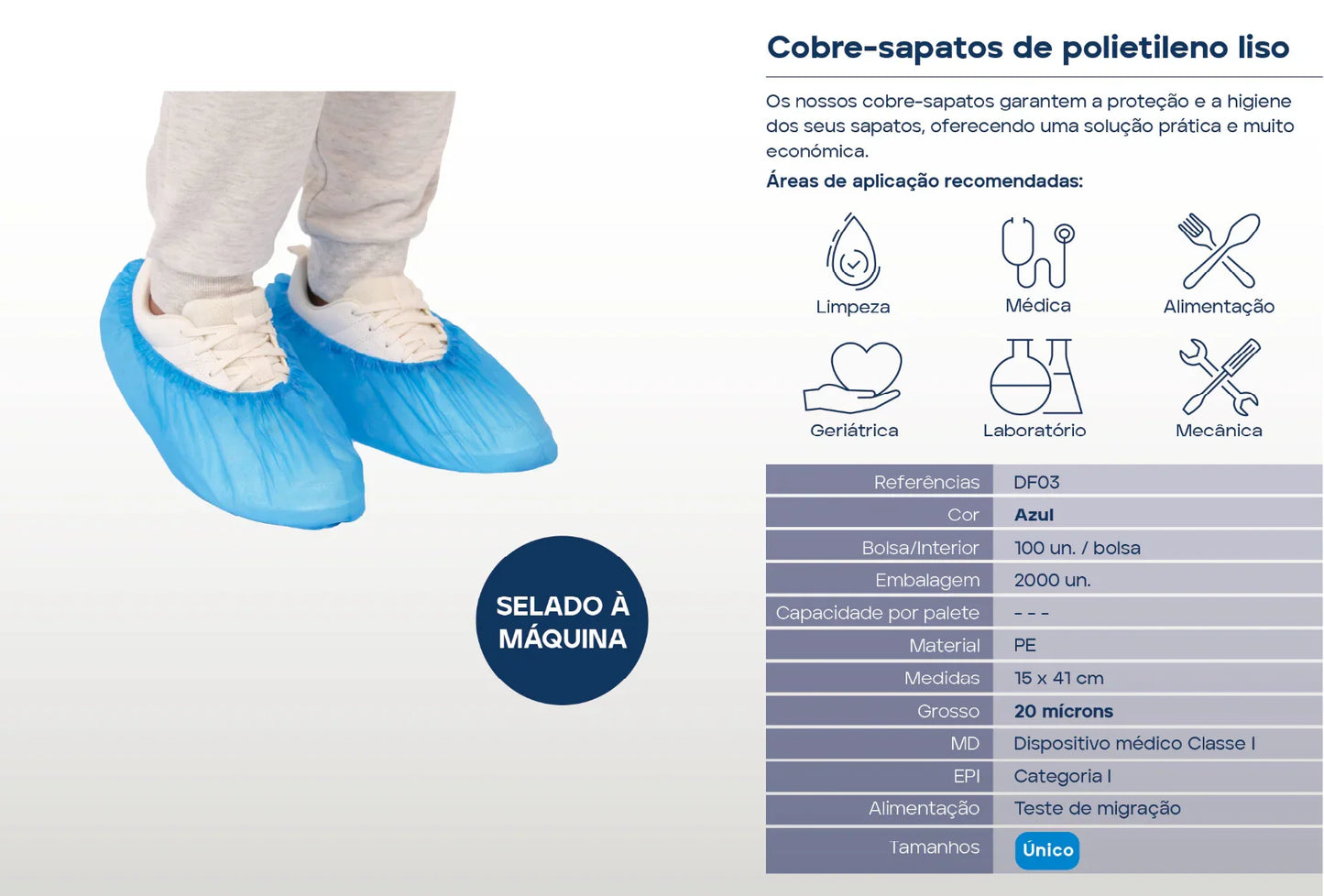 Cobre Sapatos Plástico Azul Descartável usado em laboratório e limpeza, pack com 100 unidades para proteção de calçados.