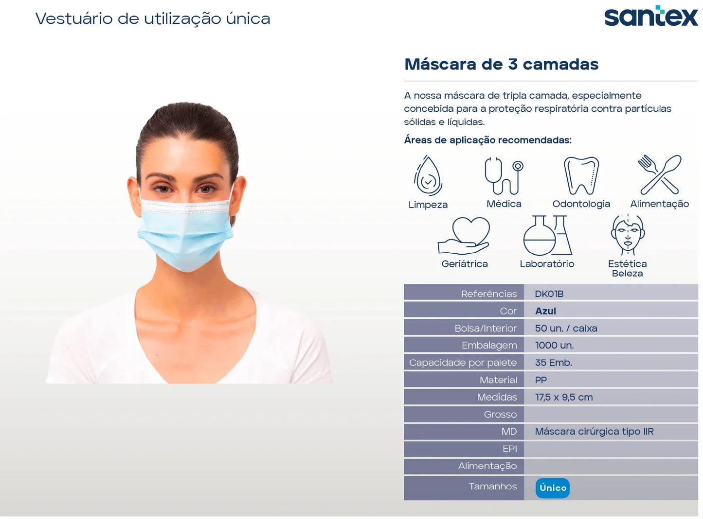 Máscara Cirúrgica Azul Descartável | Pack de 50un para proteção respiratória contra partículas sólidas e líquidas.