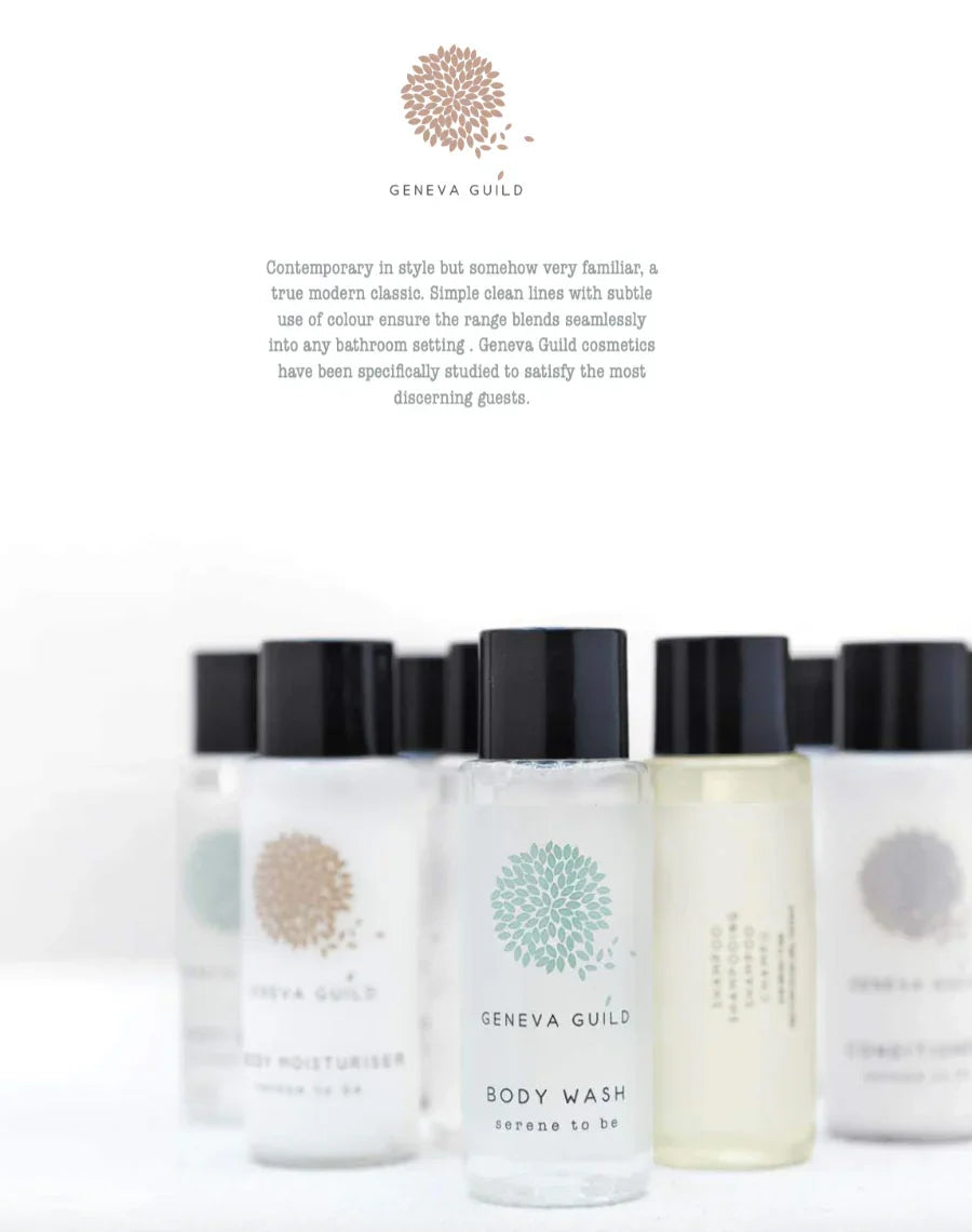Kit de Amenities Geneva Guild com produtos de higiene essenciais para corpo e cabelo.