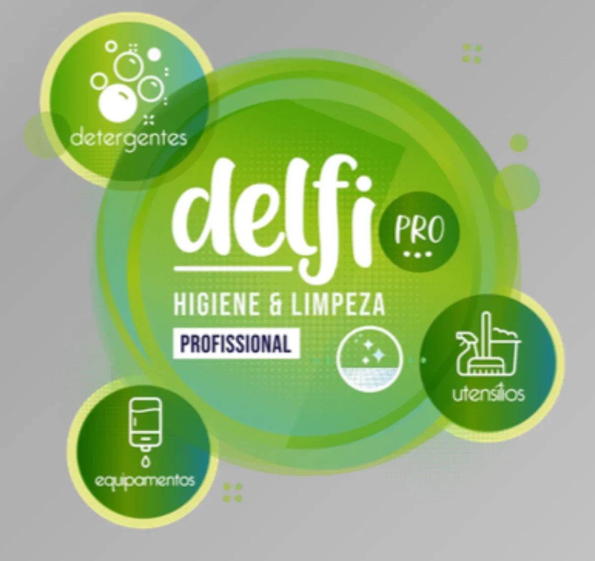 Imagem do logótipo da Delfi Pro, destacando produtos de higiene e limpeza profissional.