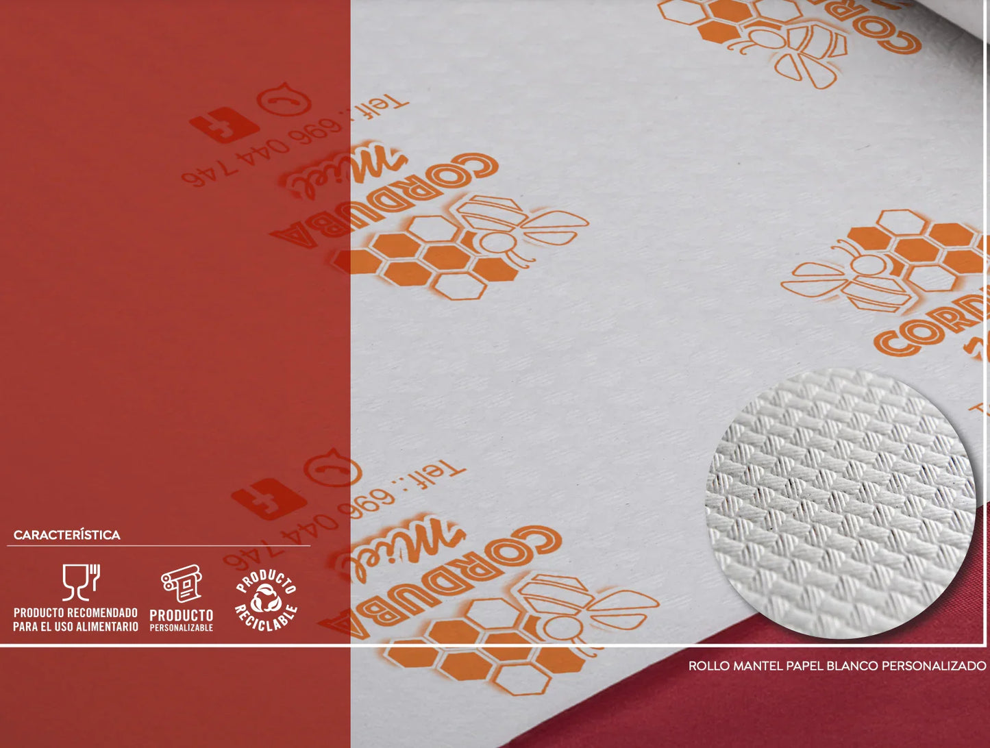 Toalhas de Mesas Brancas em Rolo 100M com design textura e logotipo da marca Corbuda.
