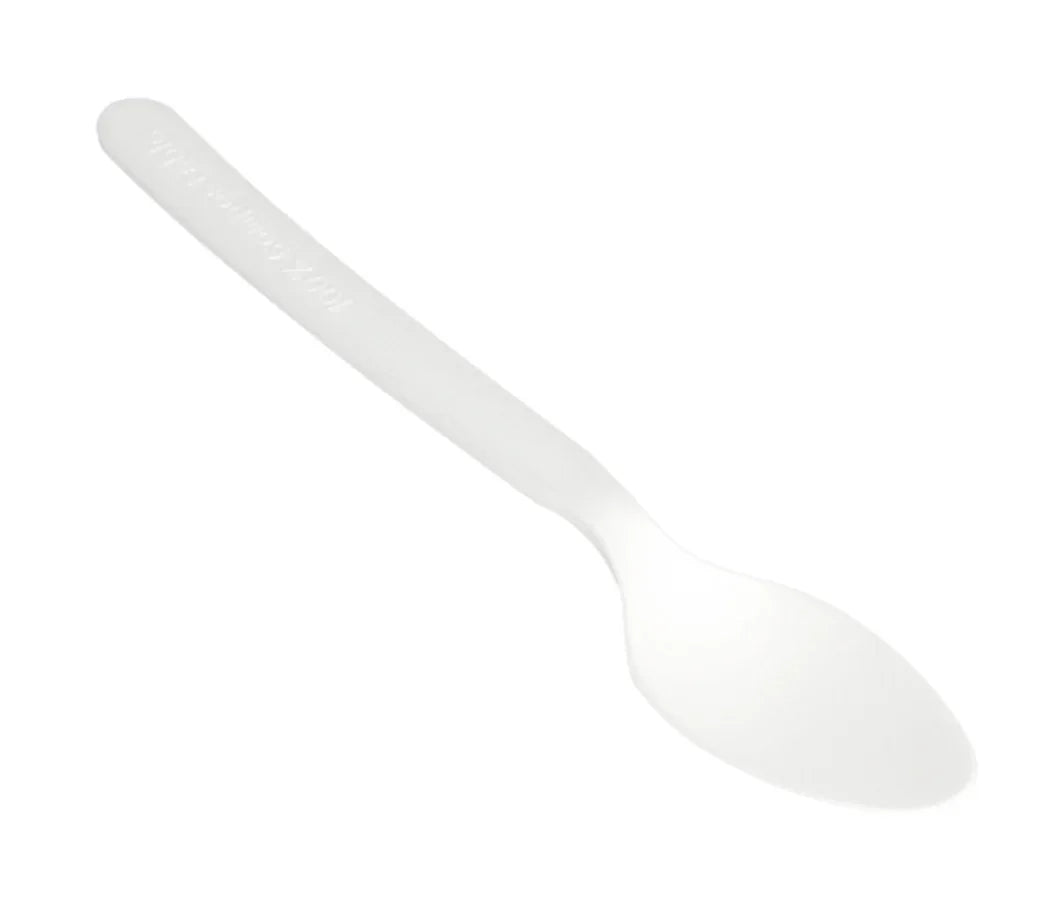 Colher Branca cPLA 16cm em plástico compostável e reutilizável, ideal para uso sustentável, pack de 50 unidades.