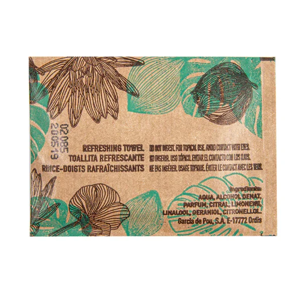 Toalhita Refrescante Compostável Perfumada | Embalagem de toalhitas de papel reciclável com flores.