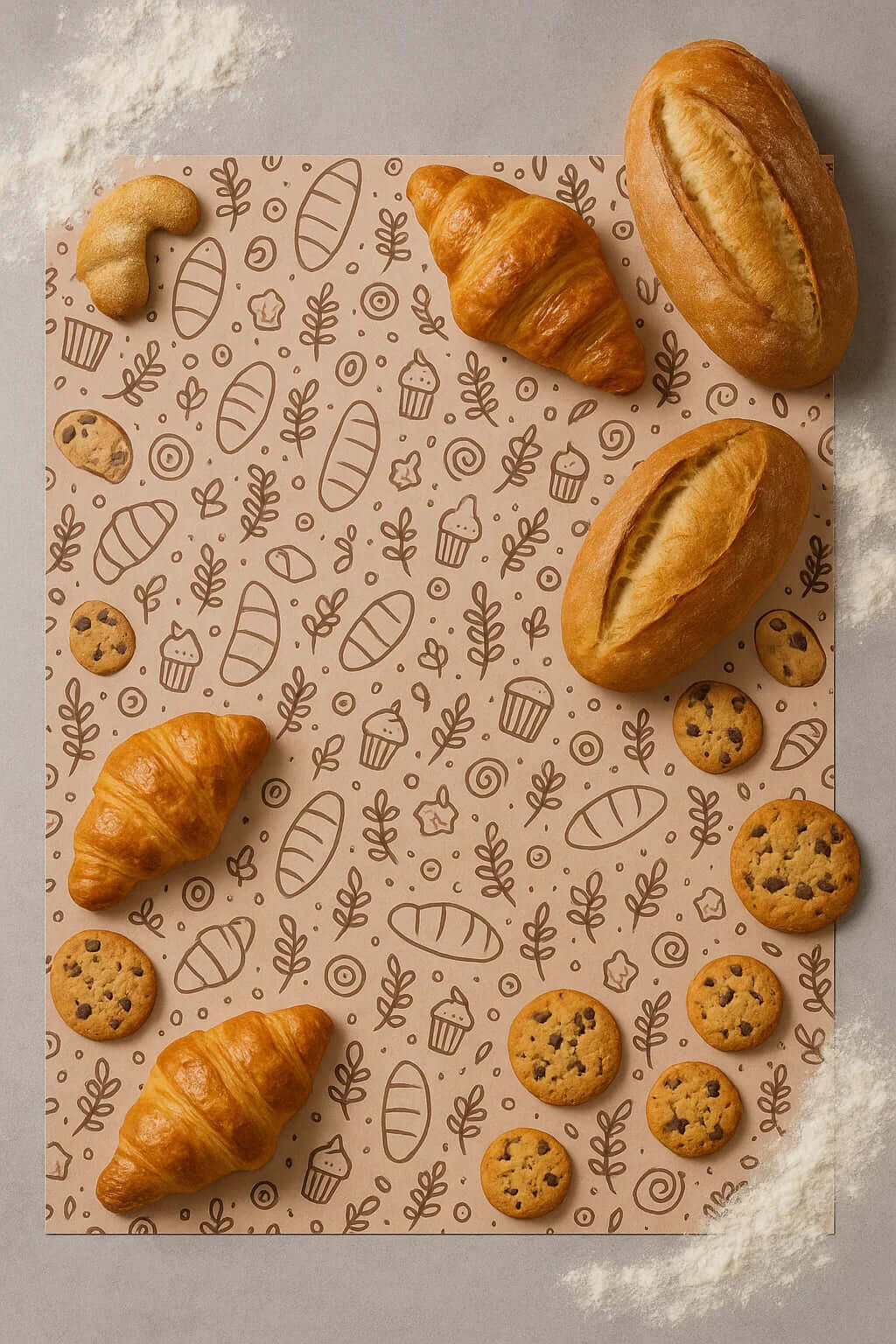 Papel Kraft Embrulho Decorado Padaria Folha 60x86cm Embalagem Pastelaria Café Take Away Pão Sandes Baguete Croissant HORECA