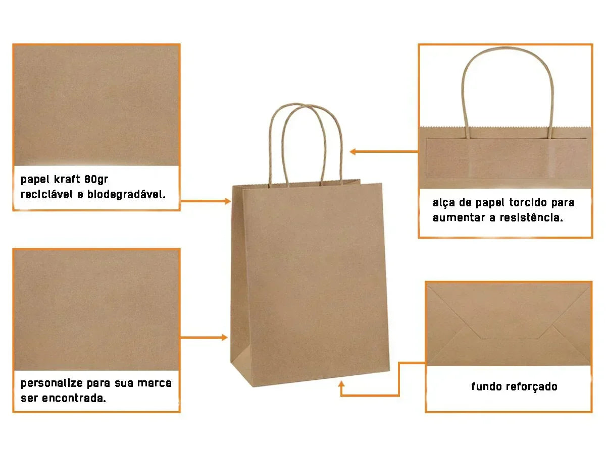 Saco Kraft Asa Torcida 18+8x24cm Take Away Comida Menu Restaurante Loja Compras