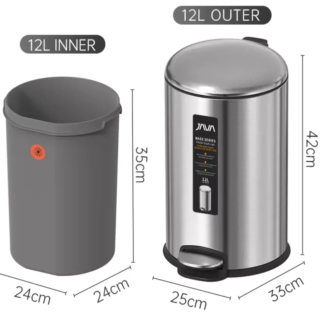 Balde Lixo Inox com Pedal 12L com interior plástico cinza, medidas e design moderno para uso profissional.