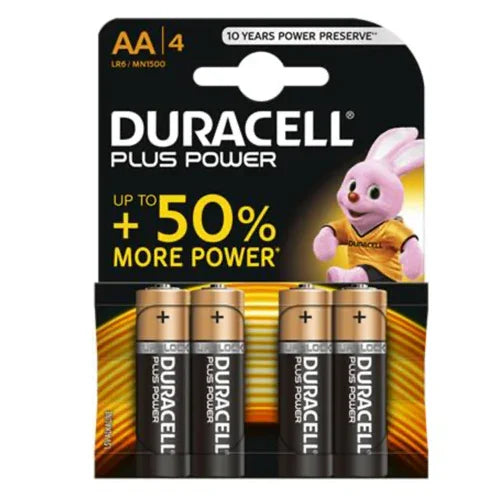 Pilhas Alcalinas AA LR06 DURACELL em embalagem de 4 unidades Duracell Plus Power com até 50% mais potência.