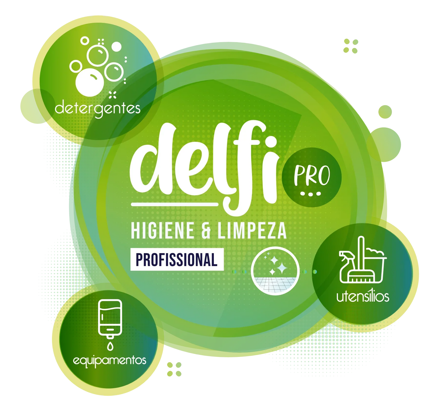 Logotipo da DELFI PRO, Higiene & Limpeza, destacando detergentes, utensílios e equipamentos.