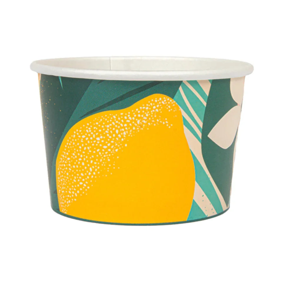 Taça de Cartão Decorada para Gelados 300ml (50un) com design colorido e frutas, ideal para gelados e sobremesas.