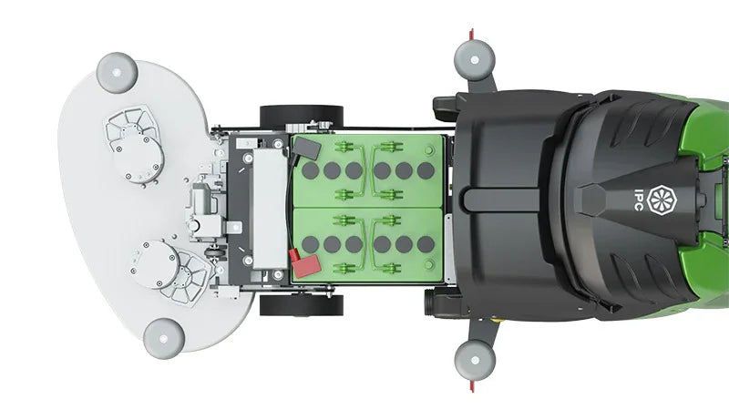 Máquina Lavadora de Pavimentos IPC CT71 vista superior mostrando as baterias Li-iOn e o sistema de tração elétrica.