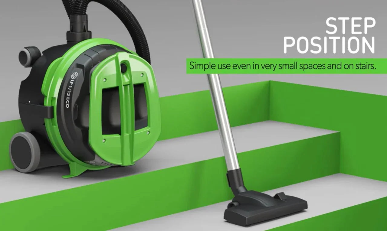 Aspirador de Pó Profissional com filtro HEPA IPC LP 1-16 LUX deitado sobre os degraus de uma escada
