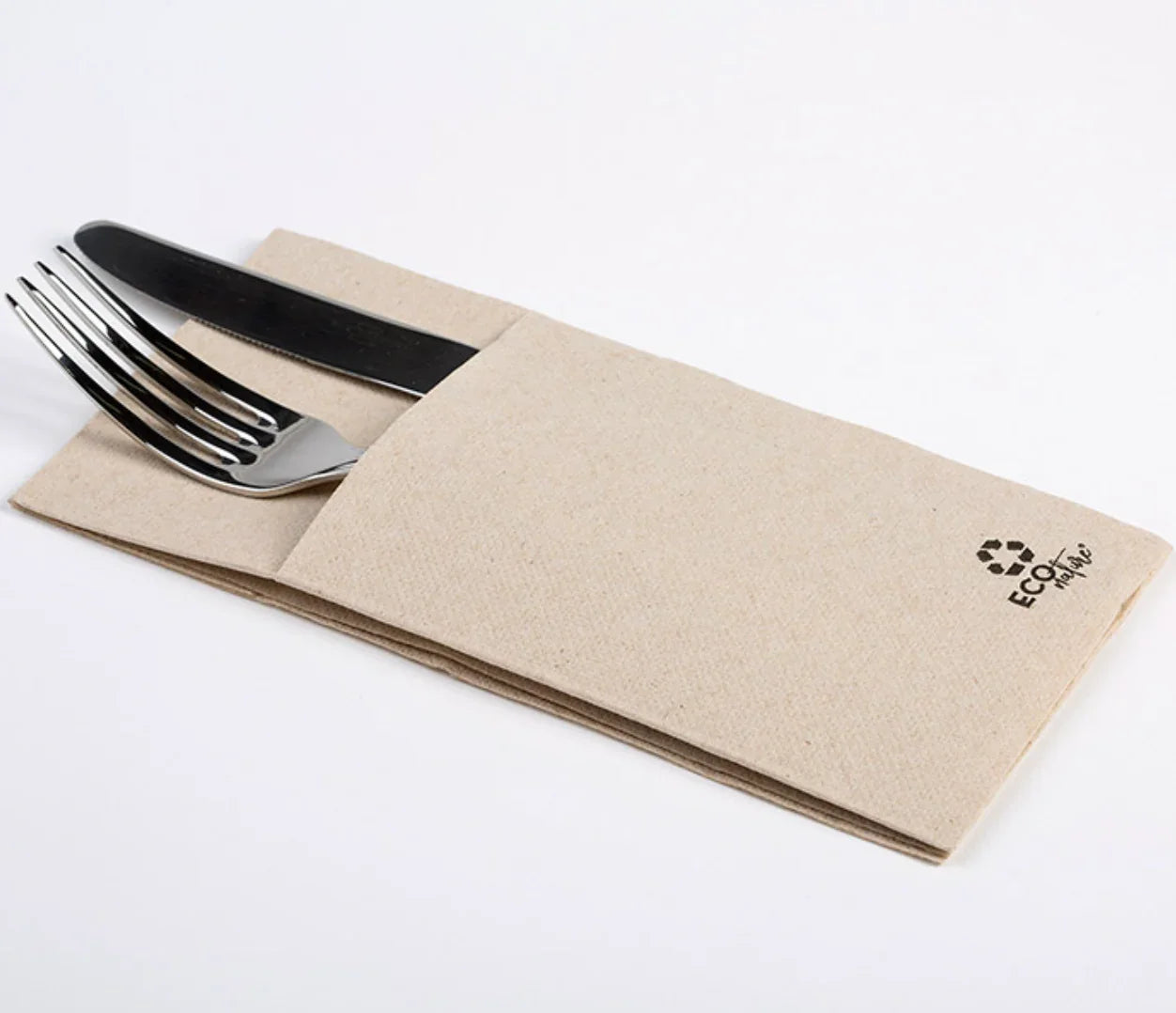 Guardanapos de Mesa Dobrados com Bolsa Kangu Nature com garfo prático e ecológico.