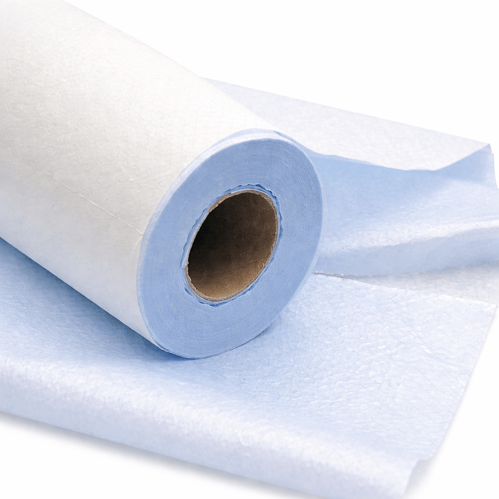 Rolo de Papel Marquesa Plastificado 60cm x 100M em azul, mostrando a textura e o papel absorvente e impermeável para uso em clinica em exames com liquidos