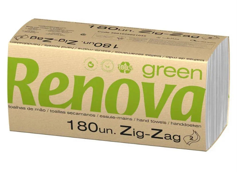 maço do Papel Toalhas de Mãos Zig-Zag Tissue 2F Renova Green com 180 unidades, embalagem sustentável e super absorvente.