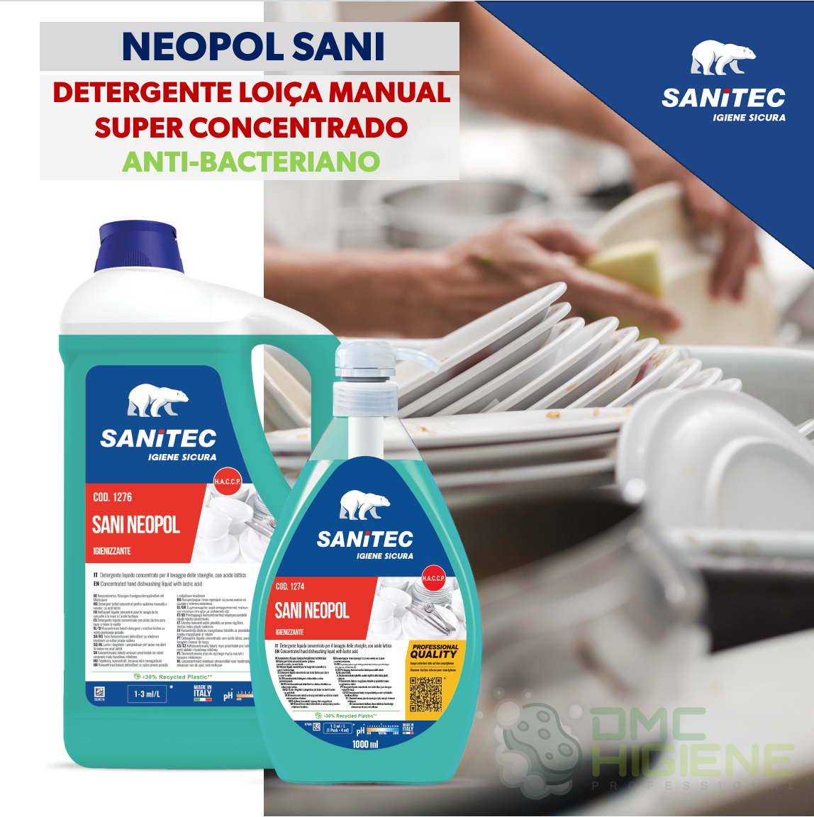 SANITEC NEOPOL SANI - Detergente Loiça Manual Ultra Concentrado Anti-Bacteriano Garrafão 5 litros
