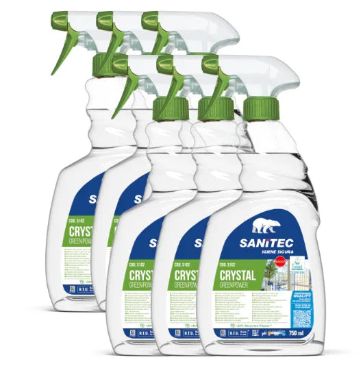 Caixa com 6 Garrafas de Spray de Detergente Limpa Vidros e Superfícies Ecológico Spray SANITEC GREEN POWER CRYSTAL