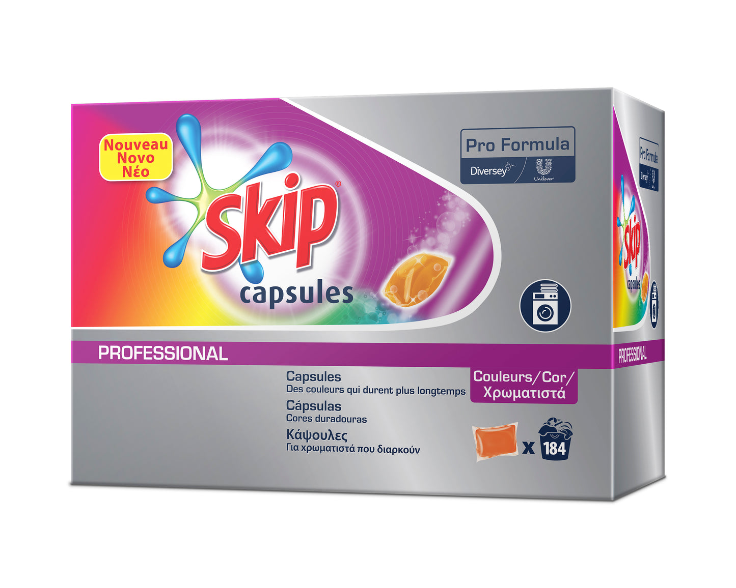 SKIP PRO CAPSULES COLOR Cápsulas Detergente Roupa Profissional Concentrado Empresas Lavandaria 46 doses Caixa 4 Unidades