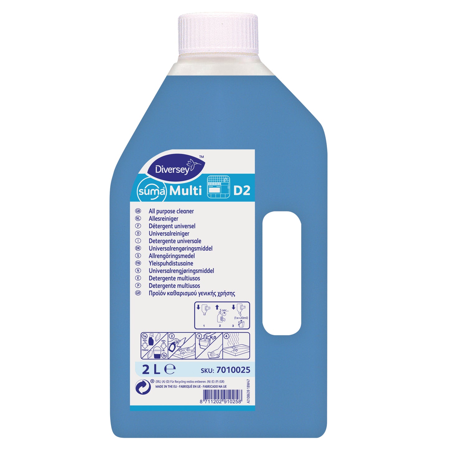 Suma Multi D2 Detergente Multiusos Concentrado Profissional Garrafa 2 litros Diversey