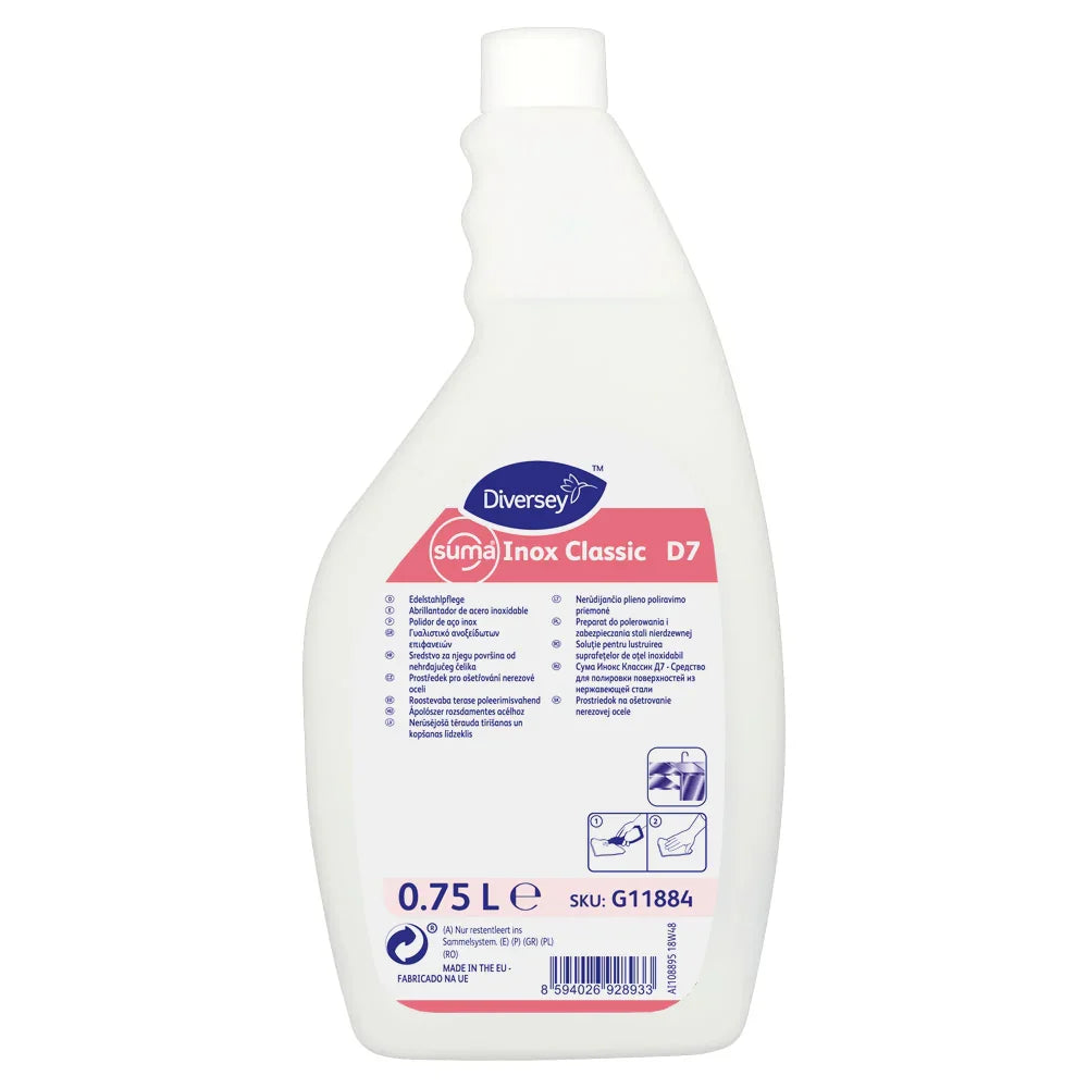 SUMA INOX CLASSIC D7 Detergente Polimento Abrilhantador Superfícies Inox Profissional Concentrado Garrafa 750ml DIVERSEY