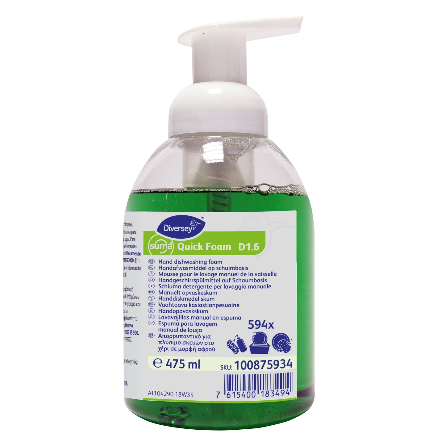 SUMA QUICK FOAM D1.6 Detergente Loiça Manual Super Concentrado 475ml Lava Loiças Profissional DIVERSEY