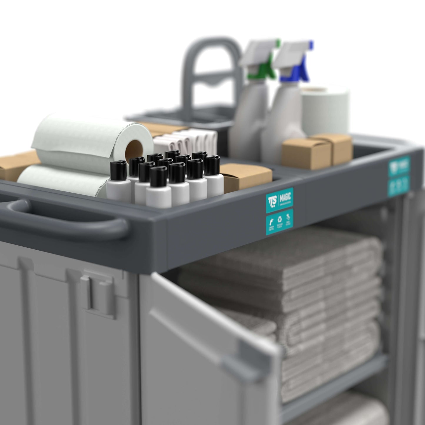 Carrinho Serviço Housekeeping TTS com toalhas, produtos de limpeza e papel higiénico em um equipamento hoteleiro multifuncional.