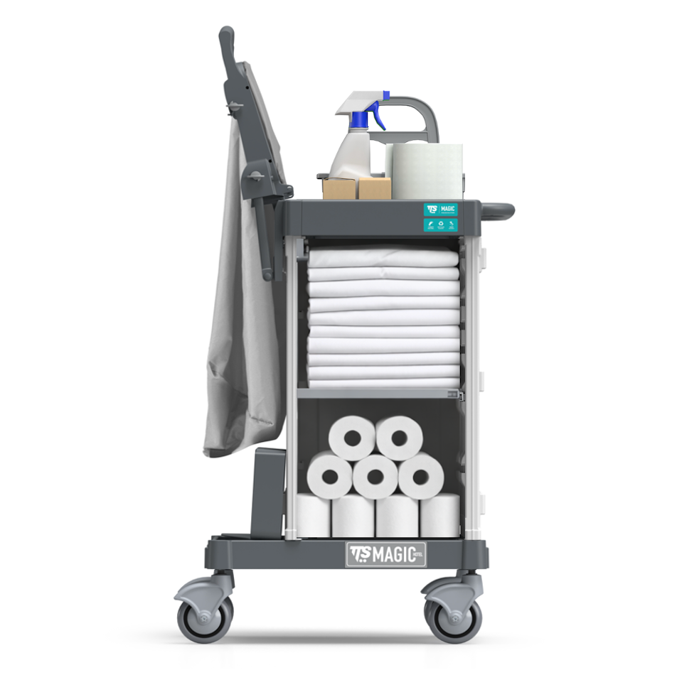 Carrinho Serviço Housekeeping TTS Magic Hotel 810B com toalhas, produtos de limpeza e acessórios organizados.