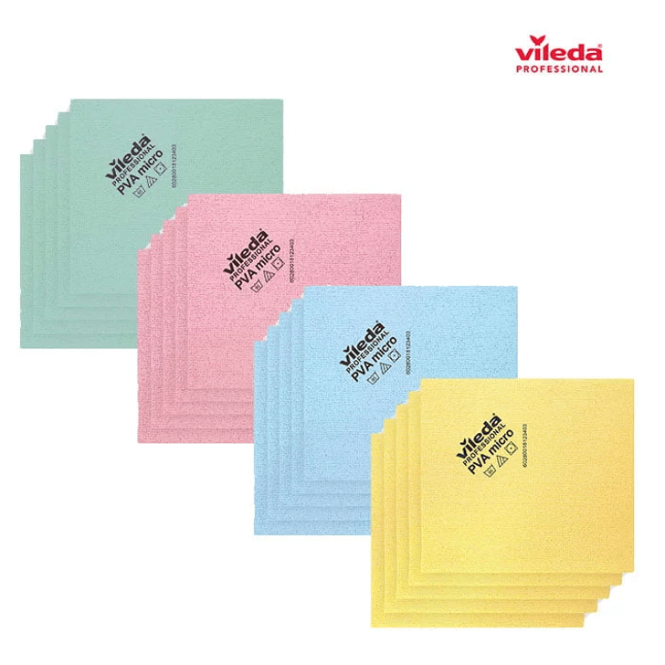 Pano Microfibra Vileda PVA Micro em várias cores, ideal para superfícies e limpeza eficiente.