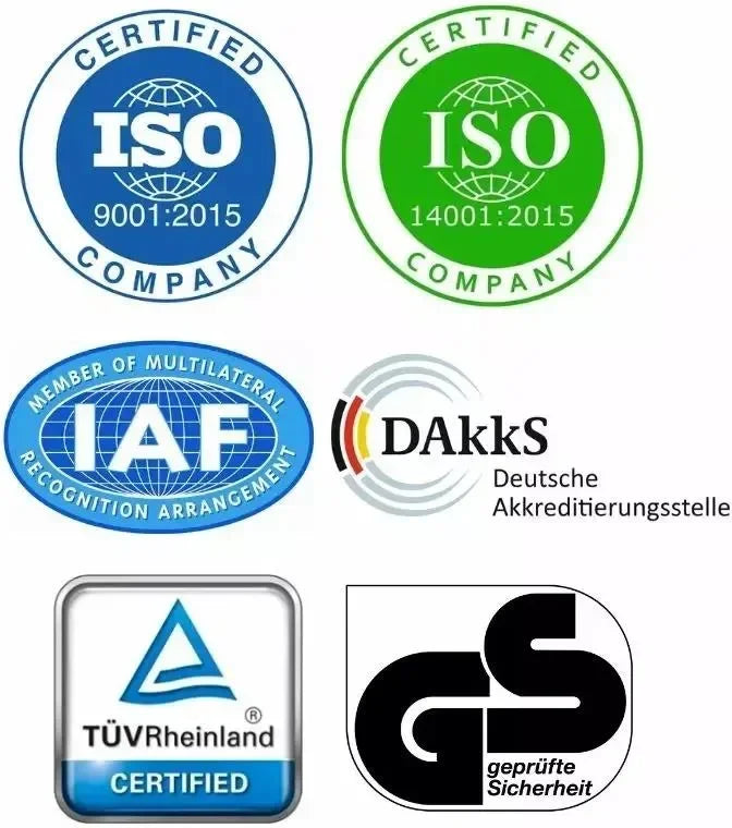 Logos de certificação, incluindo ISO 9001:2015, ISO 14001:2015, IAF, DAKks, TÜV Rheinland e GS.