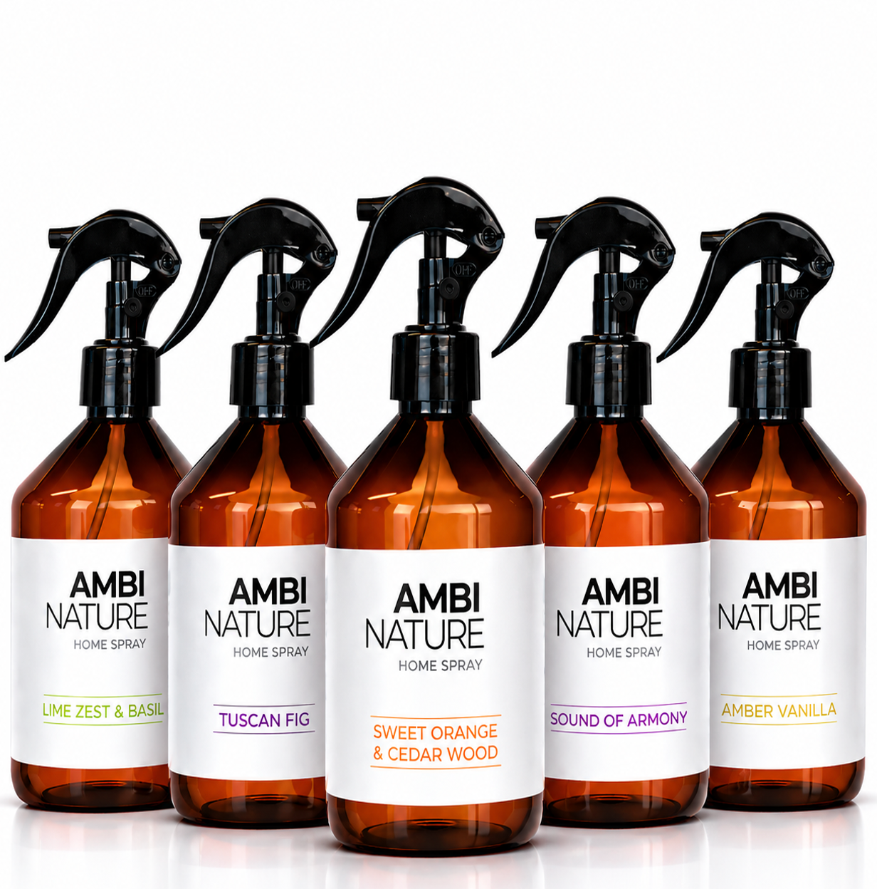 Ambientadores Premium Profissionais Ambinature em frascos spray com várias fragrâncias.
