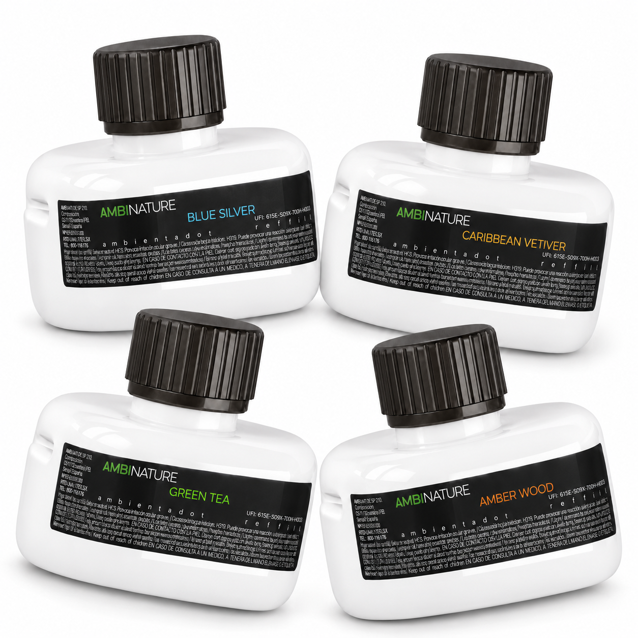 Ambientador Líquido Elétrico Recarga com diferentes fragrâncias: Blue Silver, Green Tea, Caribbean Vetiver e Amber Wood.