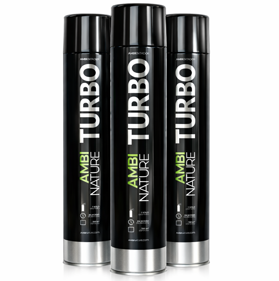 Ambientador Spray Grande Descarga AMBINATURE TURBO em latas de aerossol, ideal para ambientação eficaz de grandes espaços como quartos de hotel ou escritórios
