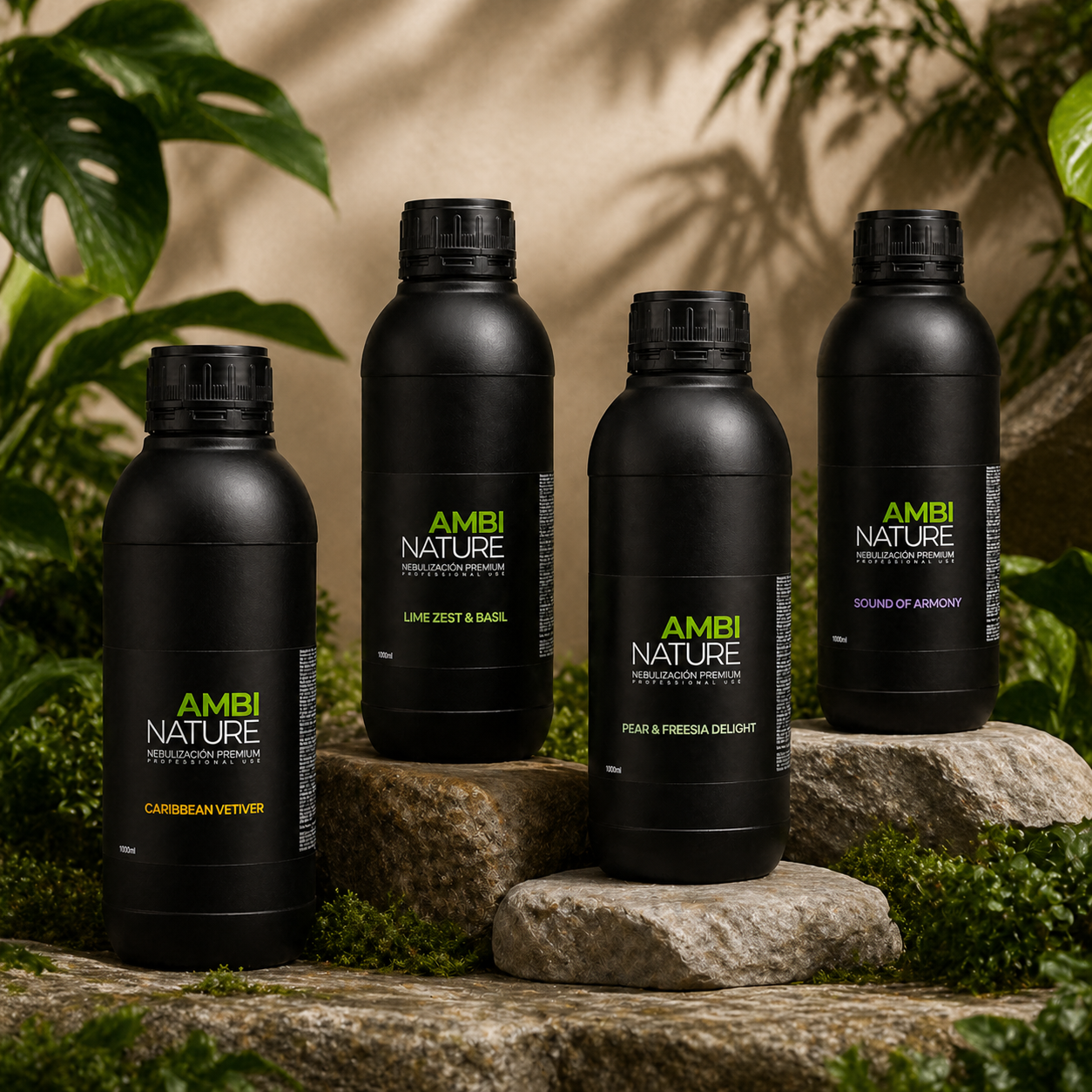 Difusor de Aromas Profissional com frascos de essências AMBINATURE: Caribbean Vetiver, Lime Zest & Basil, Pear & Freesia Delight, Sound of Harmony.