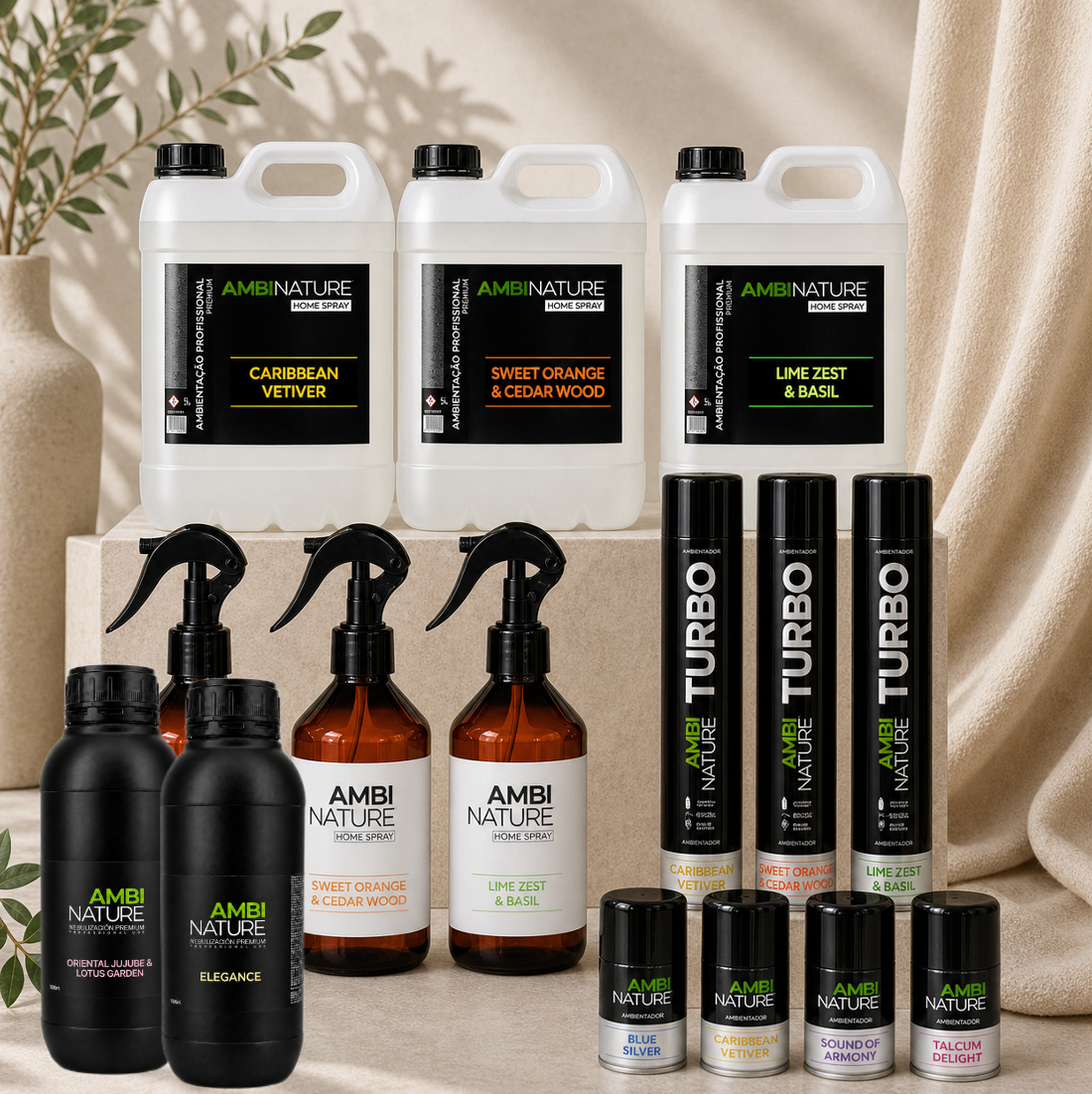 Ambientadores Premium Profissionais AMBINATURE® em várias fragrâncias e formatos, exibidos em uma prateleira.
